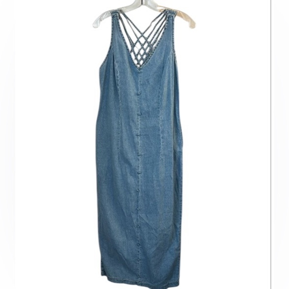 Vintage Sugar Denim Washed Blue Cotton Crisscross Back Midi Dress Size L